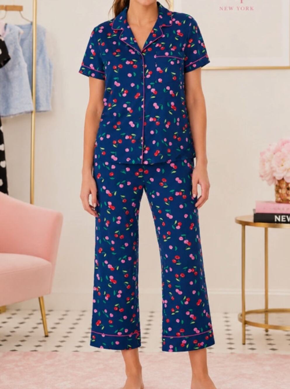 Kate Spade Navy Cherry Pajama Set Soft Knit Size Small NWT $78